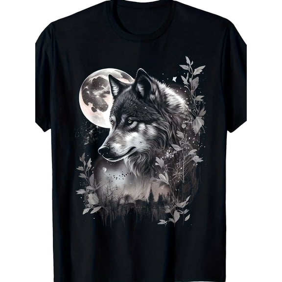Men's Realistic Wolf and Moon T-Shirt - Gray Wolf with Full Moon and Forest Night Sky Design, Casual Outdoor and Daily Wear, Black and Gray Wolf Print, Crew Neck Short Sleeve T-Shirt