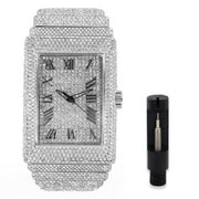 Men's Rectangle Iced Out Diamond Watch - Brilliant Crystals, Bling-ed Out Roman Dial, Iced Bezel - Fully Iced Out Band with Adjustable Sizing - Silver Finish - Luxury Timepiece