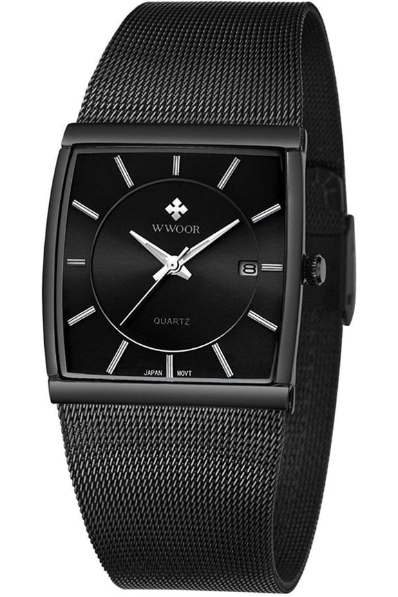 Men’s Rectangular Quartz Wrist Watch with Date Display, Adjustable Stainless Steel Mesh Strap Daily Splash Resistant Thin Dial Watch