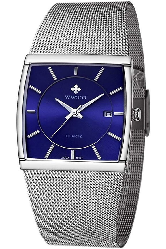 Men’s Rectangular Quartz Wrist Watch with Date Display, Adjustable Stainless Steel Mesh Strap Daily Splash Resistant Thin Dial Watch