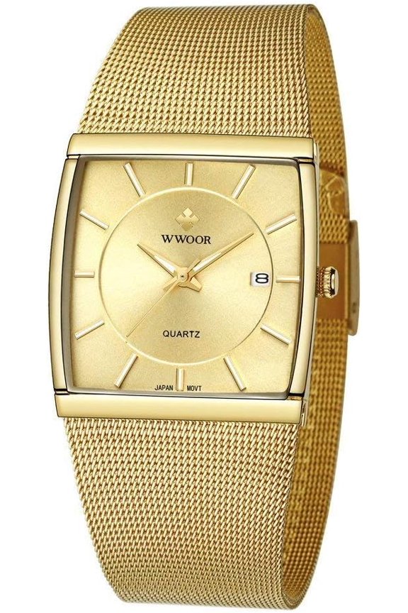 Men’s Rectangular Quartz Wrist Watch with Date Display, Adjustable Stainless Steel Mesh Strap Daily Splash Resistant Thin Dial Watch