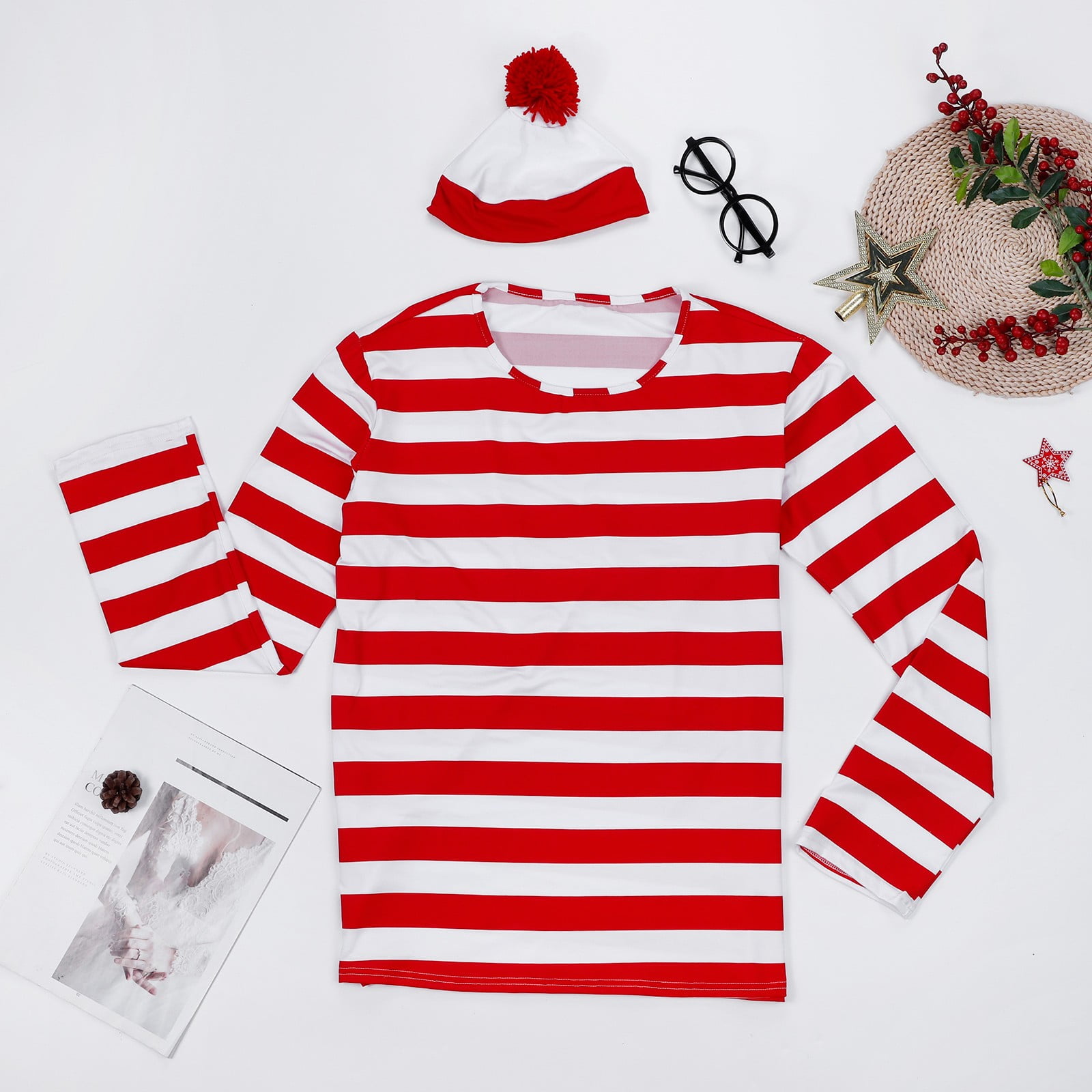 Men's Red And White Striped Shirt Cotton Christmas Cosplay Costume