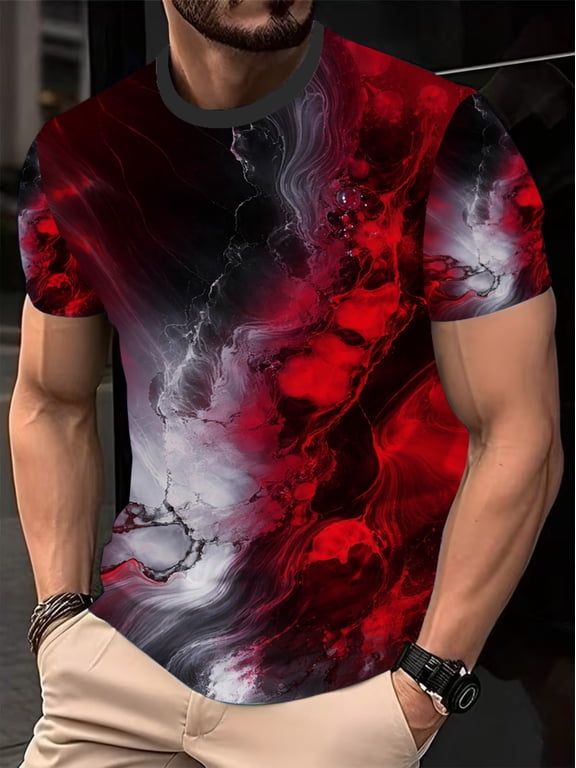 Men's Red and Black Abstract Art T-Shirt, Summer Comfortable Casual Crew Neck T-Shirt, Casual Summer Wear | Eye-catching patterned T-shirt | Comfortable fit