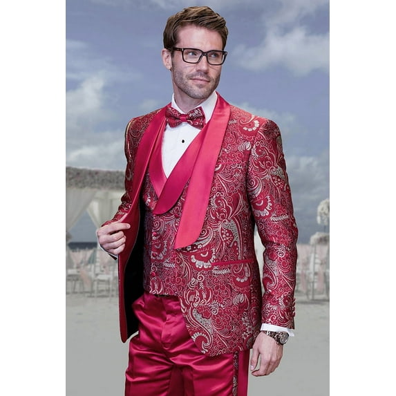 Mens One Button Vested Paisley Prom and Wedding Tuxedo in Blush Pink