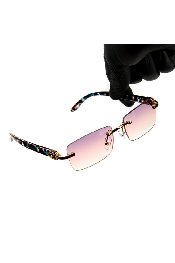 Men's Red Burgundy Gradient Tint Rimless Hip Hop Gold Frame Buffs Sunglasses