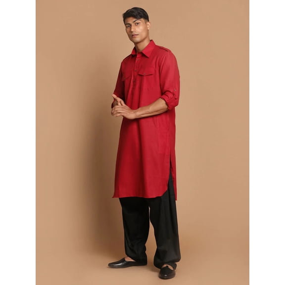 Men's Red Color Indian Traditional Wear Tunic Cotton Kurta Pajama Set