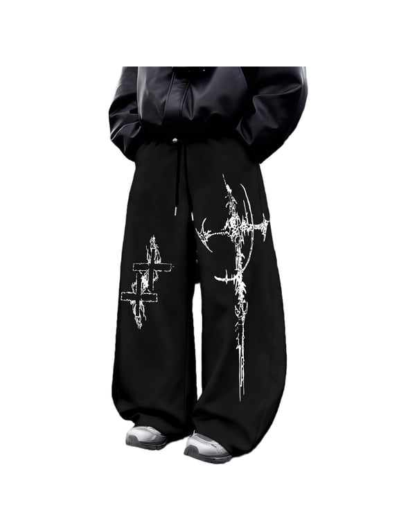 Men's Red Flame Splatter Print Baggy Gothic Sweatpants Y2k Pants Mens Goth Graphic Pants Streetwear Elastic Waist Wide Leg Casual Joggers for Skate Daily Wear