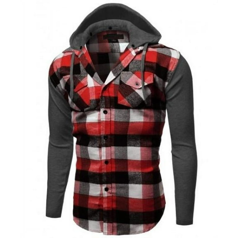 Men s Red Flannel Hoodie Shirt with Detachable Hood