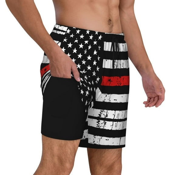Men's Red Line Flag Swim Trunks with Compression Liner Bathing Suit Swimwear