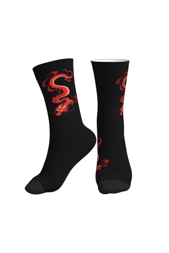Men's Red-Loongs-Dragon Novelty Athletic Socks Women's Digital Printing Funky Patterned Crew Socks