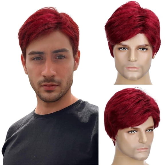 Men's Red Short Curly Wig With Fluffy Texture And Short Hair Breathable, lightweight