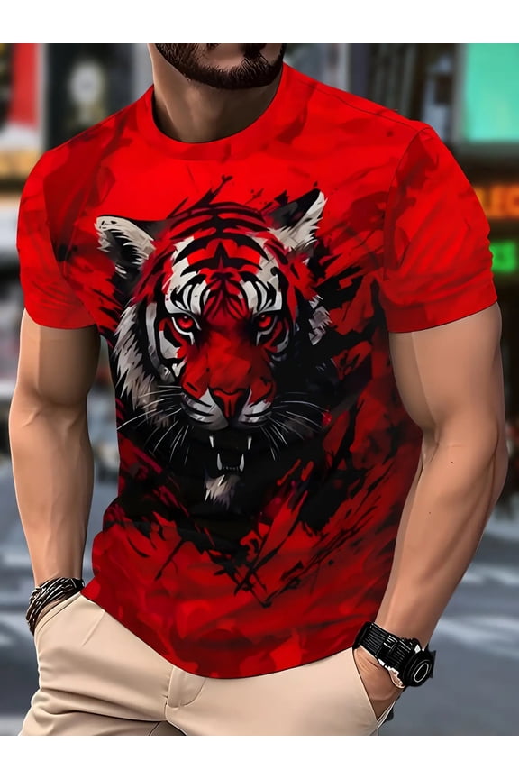 Men's Red Tiger Pattern T-Shirt - Bold Tiger Face Print, Polyester/Spandex Blend, Casual Crew Neck Short Sleeve, Machine Washable, Comfortable Fit, Suitable for Daily and Styling Wear