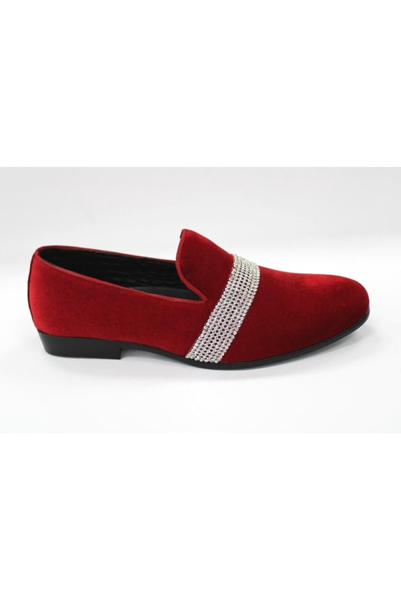 Men's Red Velvet Wedding Party Loafers With Rhinestone Band