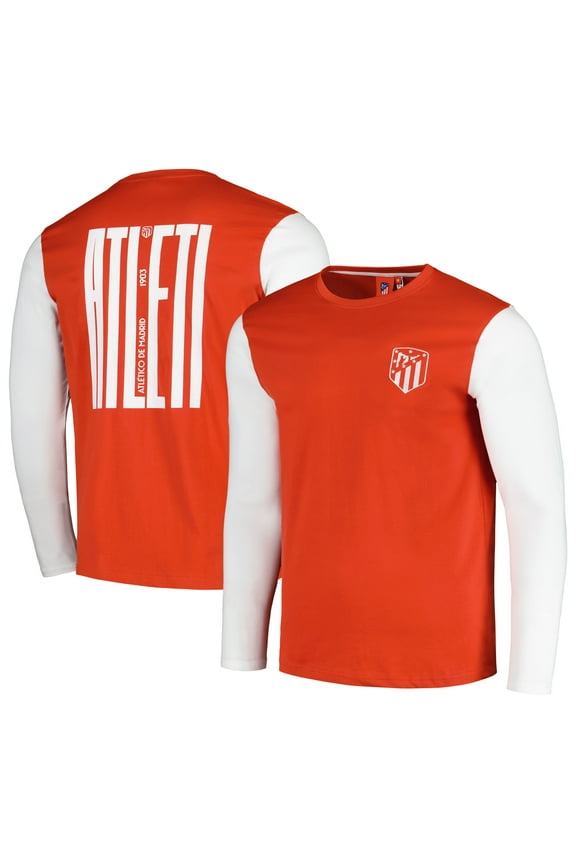 Men's Red/White Atletico de Madrid Blocked Long Sleeve T-Shirt