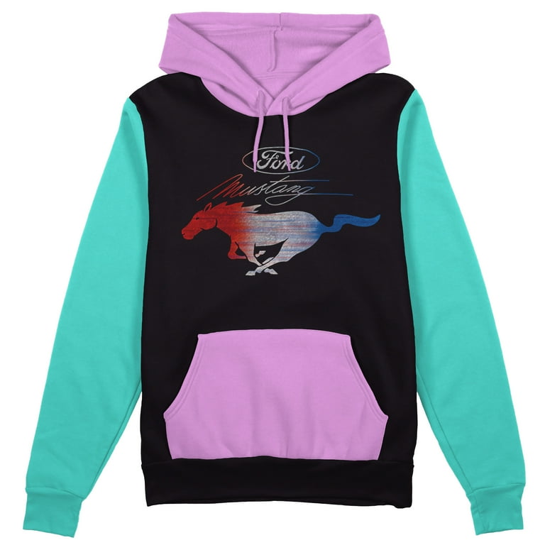 Men s Red White Blue Ford Mustang Black Color Block Pullover Hoodie Sweater Large