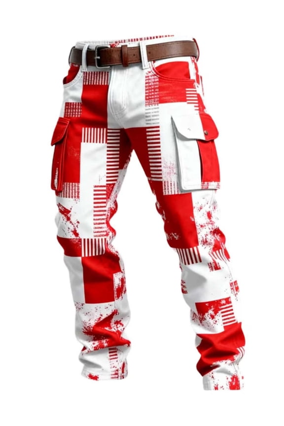 Men's Red & White Geometric Print Cargo Pants, Streetwear Cool Style, Bold & Eye-Catching Vibe, All-Season Wear, Ideal for Dates & Casual Occasions