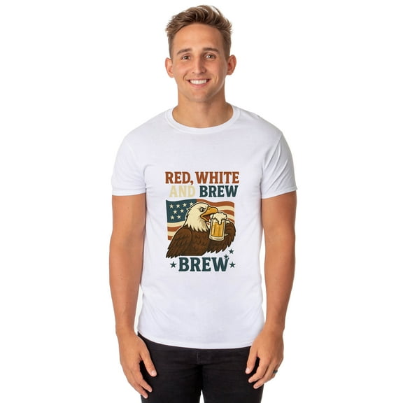 Red White and Brew Men's Eagle Fourth of July America Short-Sleeve Novelty Funny T-Shirt