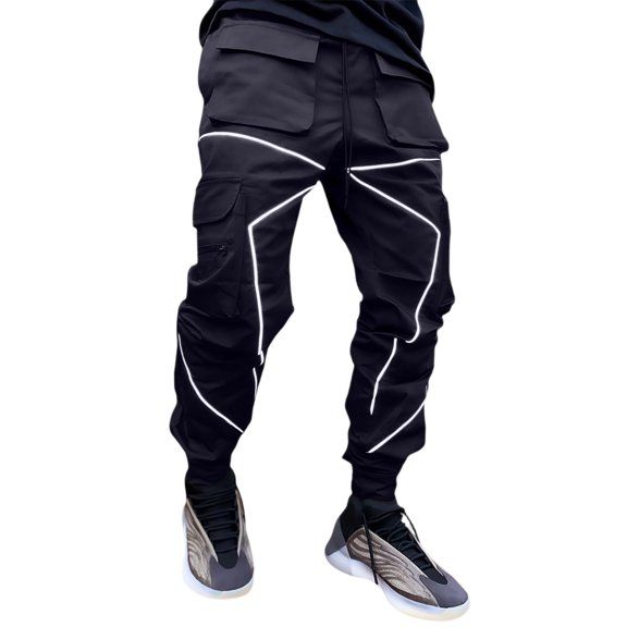 Men's Reflective Cargo Pants - Drawstring Waist for Nighttime Outings & Streetwear Black L