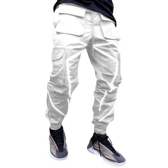 Men's Reflective Cargo Pants - Drawstring Waist for Nighttime Outings & Streetwear White L