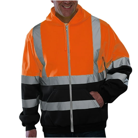 Men's Reflective Hooded Outwear Zipper Worker Long Sleeve Hoodie Baggy Casual Coat Outdoor Outfits with Pockets