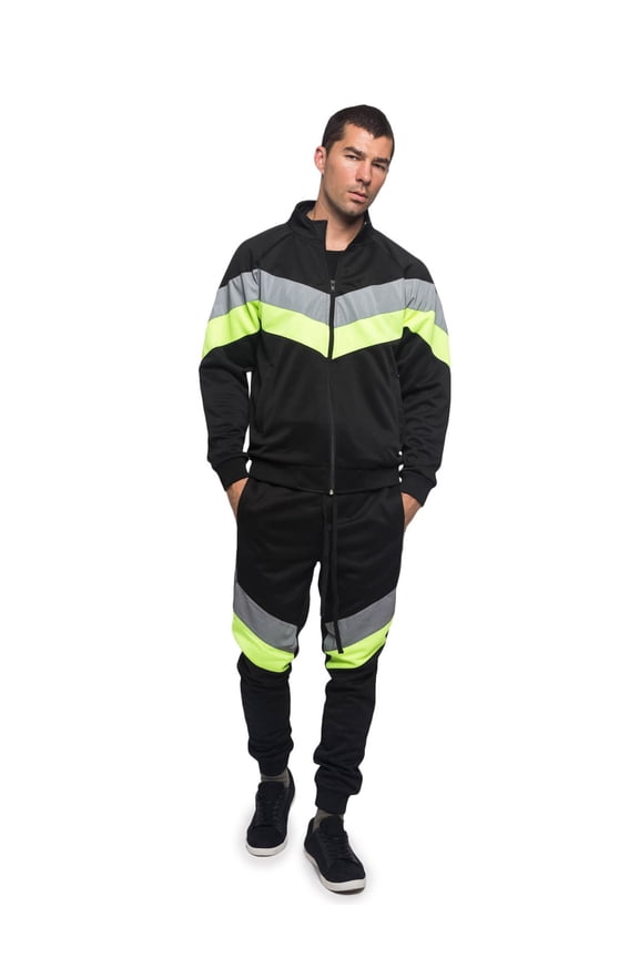 Men's Reflective Neon Track Suits 2 Piece Sweatsuit Set ST580 - Black/Neon Yellow - Small