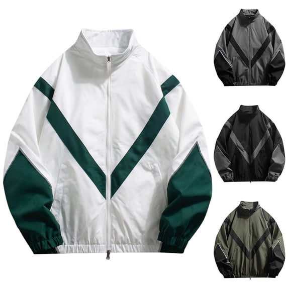 Men's Reflective Panel Breathable Waterproof Stand Collar Loose Fit Sports Casual Jacket Polyester Outdoor Training Hiking Running Workout Essential | JASKFLY,White M