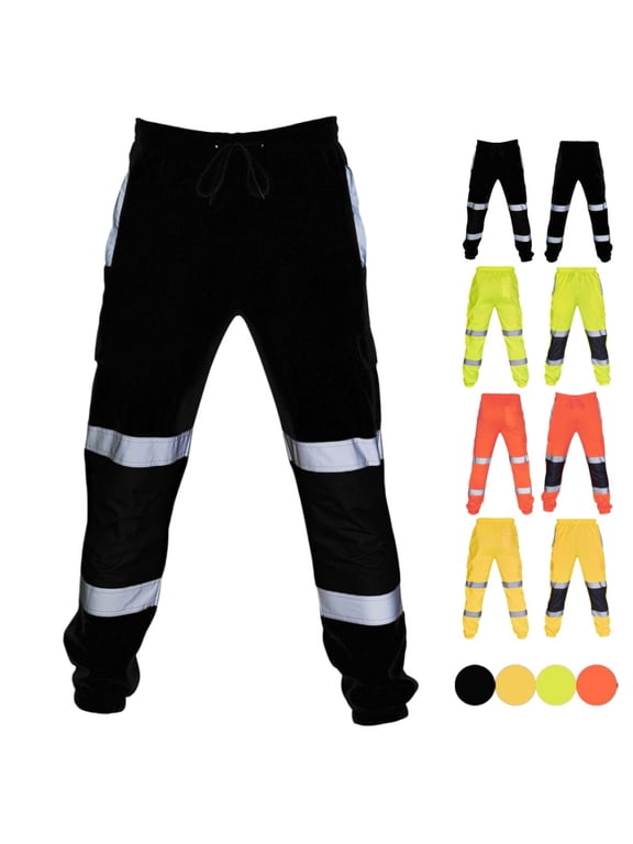 Men's Reflective Safety Work Pants High Visibility Waterproof Cargo Pants Joggers Rain Road Casual comfort Pant with Pockets Black M