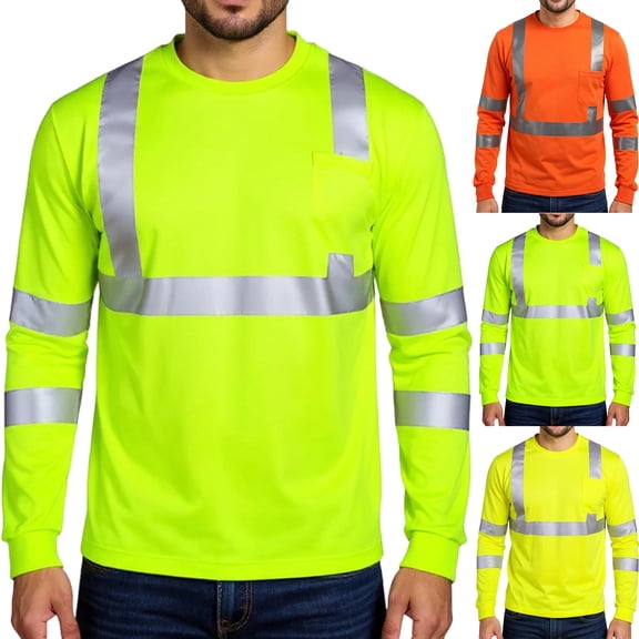 Men's Reflective Strip Long Sleeve Work T-Shirt Construction Workwear for Spring Fall Safety Wear,Fluorescent Green,2XL