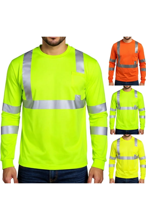 Men's Reflective Strip Long Sleeve Work T-Shirt Construction Workwear for Spring Fall Safety Wear,Fluorescent Green,L