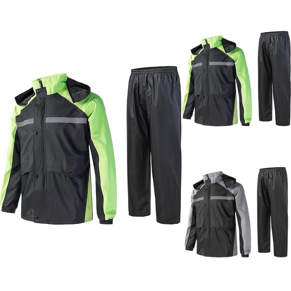 Men's Reflective Waterproof Rain Suit Hooded Rain Jacket and Pants for Motorcycle Riding, Cycling & Outdoor Work