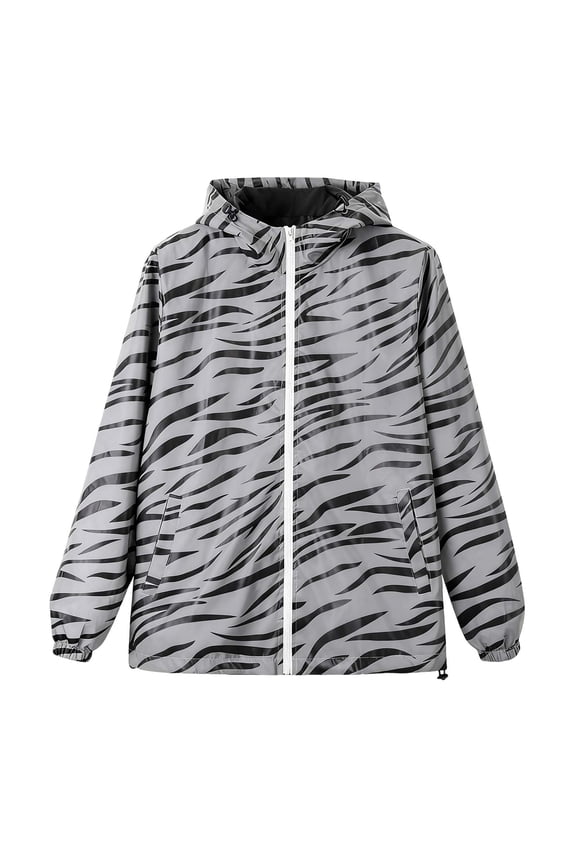 Men's Reflective Zebra Print Full Zip Windbreaker Hooded Windproof Jacket High Visibility Slant Pockets for Rave Clubwear Streetwear