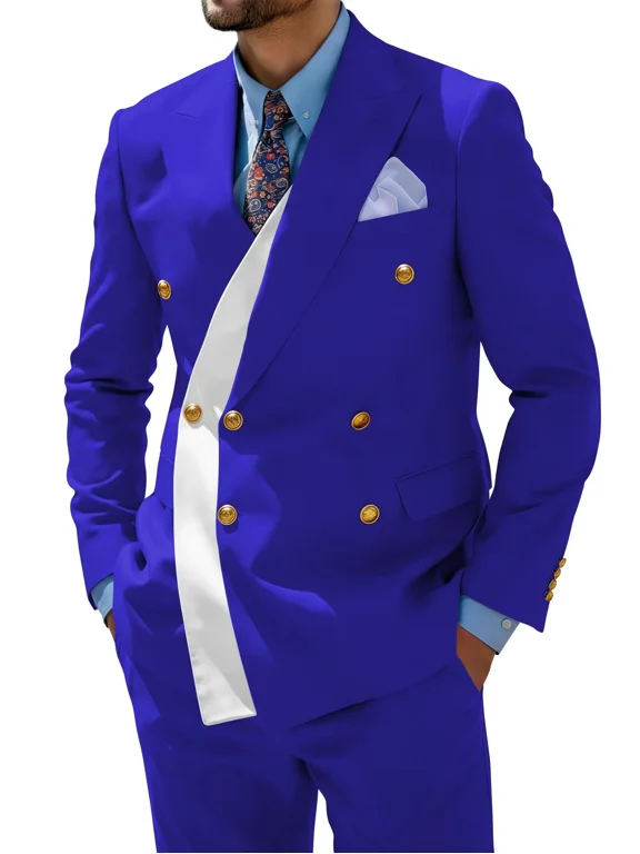 Men's Regular Fit 2 Piece Royal Blue Double Breasted Suit Formal Wedding Party Outfit, Size S