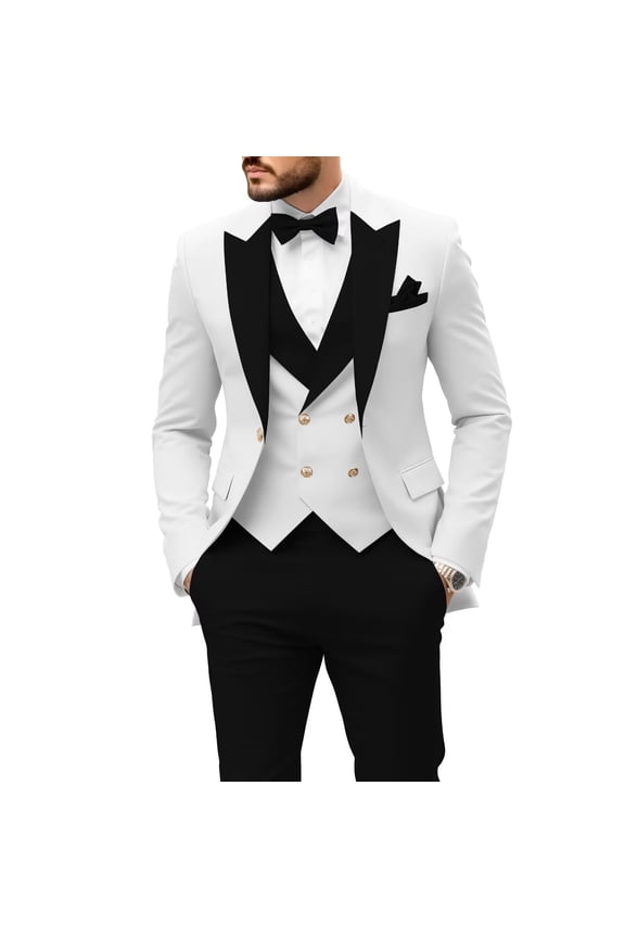 Men's Regular Fit 3 Piece Black Tuxedo Double Breasted Suit Jacket Vest Trousers Formal Wedding Party Outfit, Size S