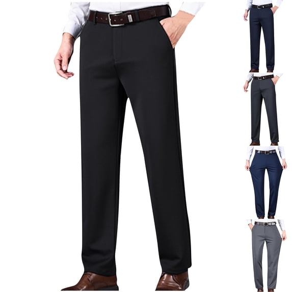 Men's Regular Fit Dress Pants Casual Business Flat Front Mens No Iron Comfort Stretch Pants with Expandable Waist Navy