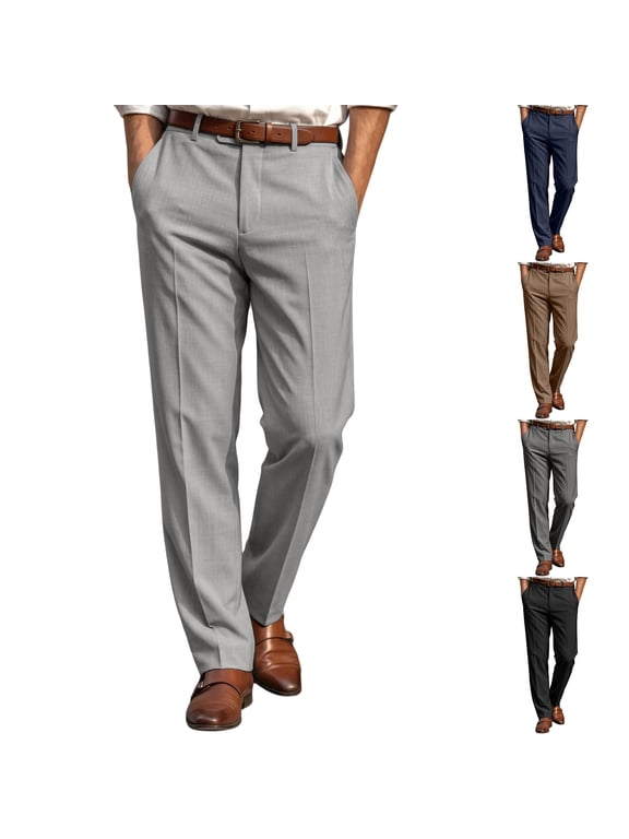 Men's Regular Fit Dress Pants Expandable Waist Slacks for Work Casual Business Flat Front Mens Wrinkle Free Comfort Stretch Pants Navy L