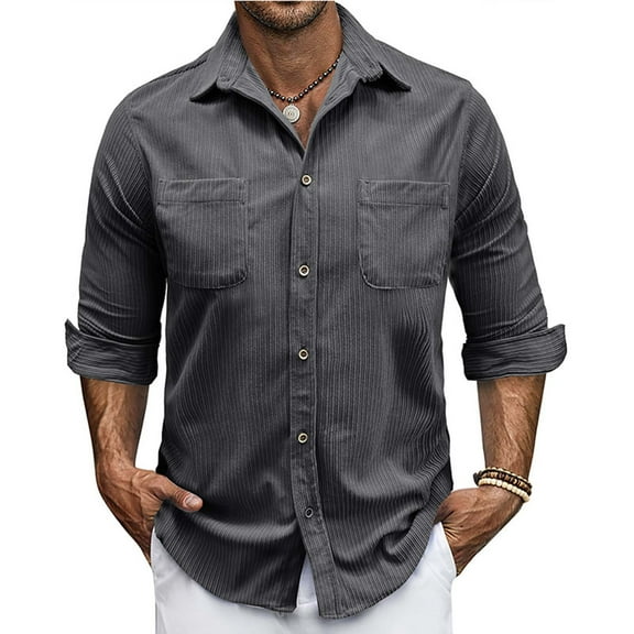 Men's Regular Fit Dress Shirt Corduroy Solid Wrinkle-Free Long Sleeve Casual Business Button Up Shirts with Pocket Dark Gray XL