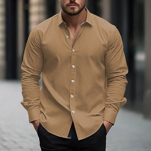 Men's Regular Fit Dress Shirt Solid Wrinkle-Free Long Sleeve Casual Business Button Up Shirts Gold S