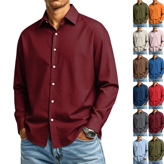 Men's Regular Fit Formal Long Sleeve Shirt Solid Color Lapel Collar Button Front Business Office Daily Wear,4XL,Wine