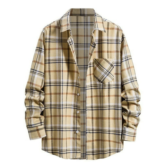 Men's Regular Fit Plaid Flannel Shirts Button Down Shirts Long Sleeve Cuffed Shirts Lightweight Fall Jackets Khaki S