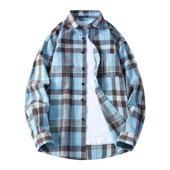 Men's Regular-Fit Plaid Shirts Button Up Long Sleeve Lapel Collar Flannel Shirt Jacket Fall Spring Outerwear Tops (XL, Light Blue)