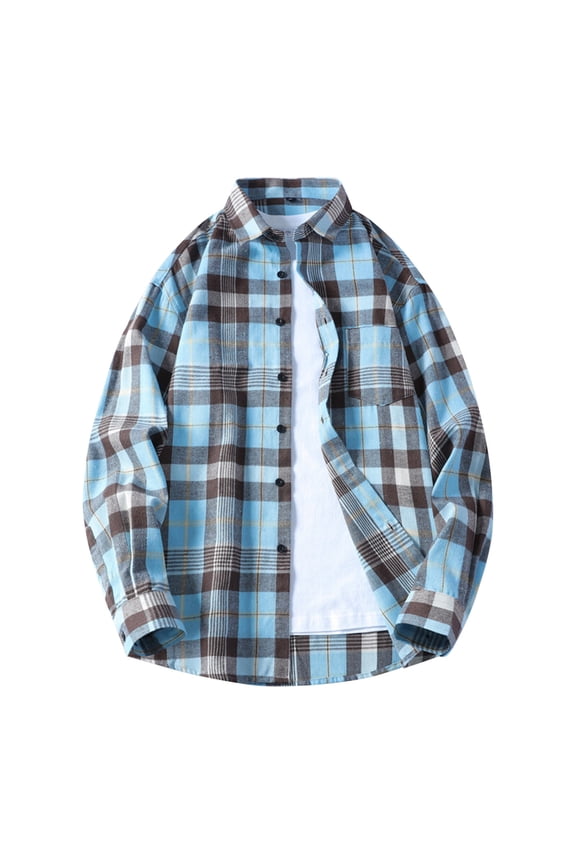 Men's Regular-Fit Plaid Shirts Button Up Long Sleeve Lapel Collar Flannel Shirt Jacket Fall Spring Outerwear Tops (XL, Light Blue)