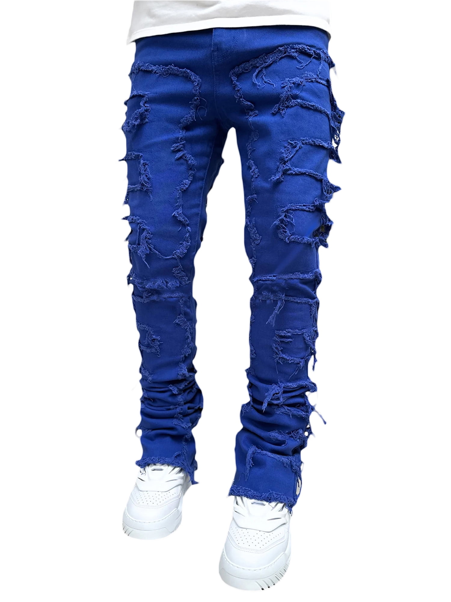Men's Regular Fit Ripped Stacked Jeans Slim Fit Patch Distressed Destroyed  Straight Leg Denim Pants Streetwear 