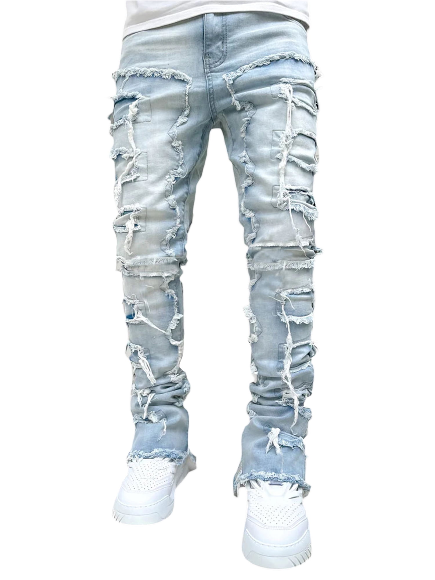 Men's Regular Fit Ripped Stacked Jeans Slim Fit Patch Distressed ...
