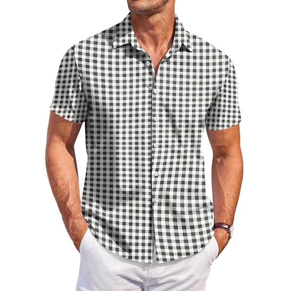 Men's Regular Fit Short Sleeve Shirts Plaid Printed Polyester Button Down Lapel Lightweight Breathable Classic Tops, Black, 4XL