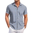 thumbnail image 1 of Men's Regular Fit Short Sleeve Shirts Plaid Printed Polyester Button Down Lapel Lightweight Breathable Classic Tops, Navy, L, 1 of 4
