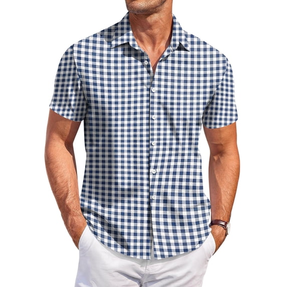 Men's Regular Fit Short Sleeve Shirts Plaid Printed Polyester Button Down Lapel Lightweight Breathable Classic Tops, Navy, L