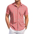 thumbnail image 1 of Men's Regular Fit Short Sleeve Shirts Plaid Printed Polyester Button Down Lapel Lightweight Breathable Classic Tops, Red, XL, 1 of 6
