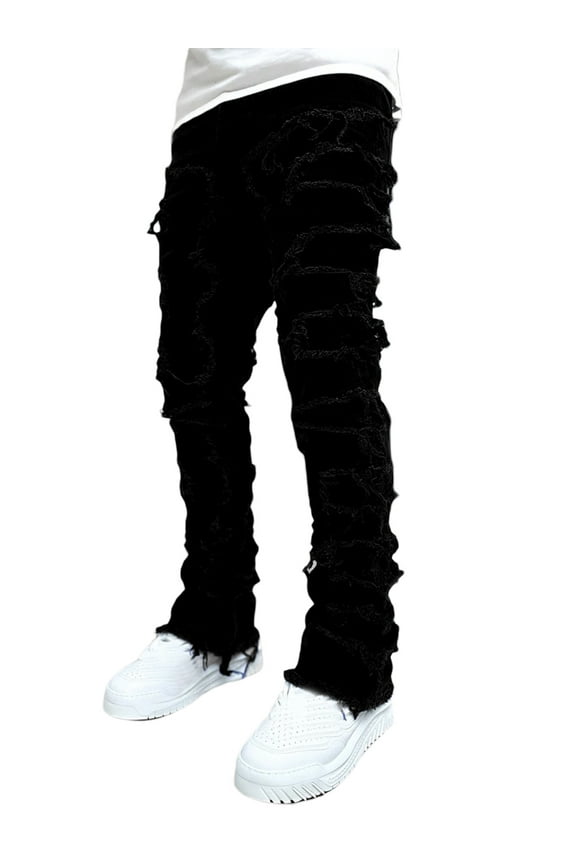 Men's Regular Fit Stacked Jeans Patch Distressed Destroyed Straight Denim Pants Streetwear Clothes