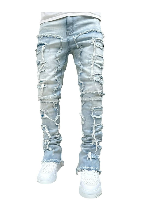 Men's Regular Fit Stacked Jeans Patch Distressed Destroyed Straight Denim Pants Streetwear Clothes