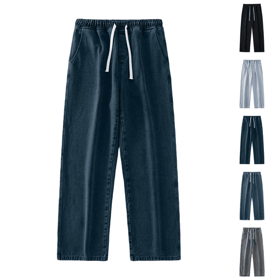 Men's Regular Fit Straight Leg Baggy Jeans Drawstring Elastic Waist Loose Fit Y2K Denim Pants with Pockets Blue L